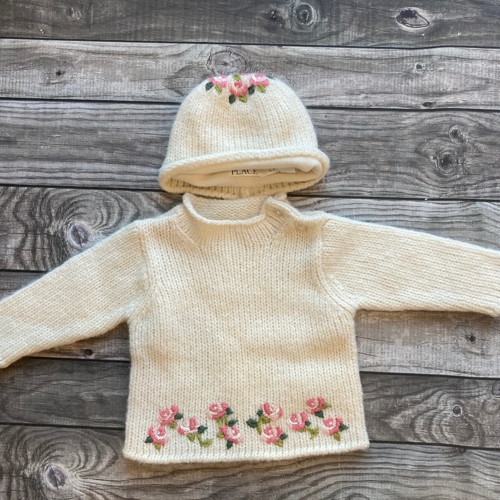 Children's Place Cream Sweater with Flowers and matching hat 6-9m